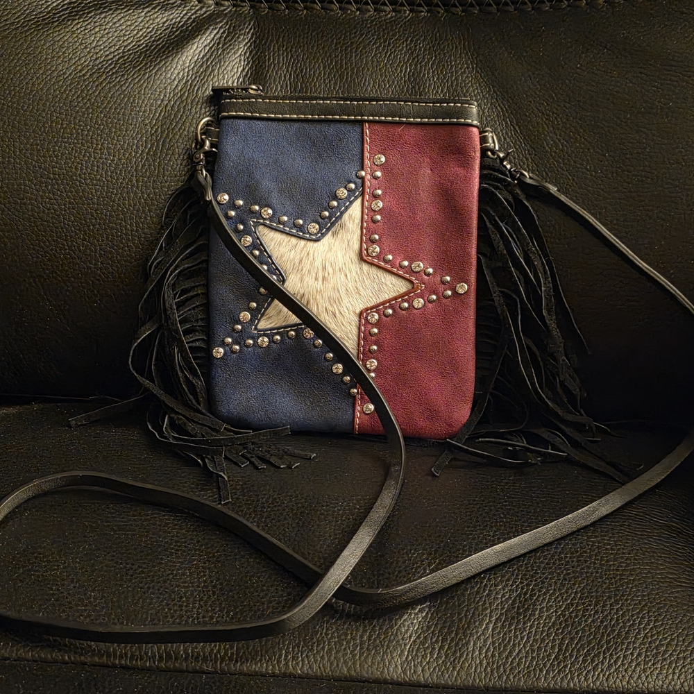 Star Studded Fringe Crossbody Bag - Blue and Red